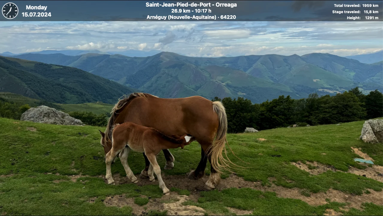 Full-screen journey photograph with date, stage and track information in the header