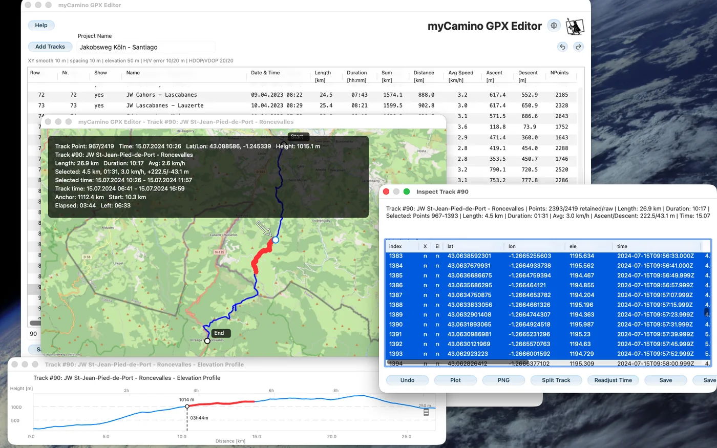 myCamino GPX Editor displaying tracks over a map