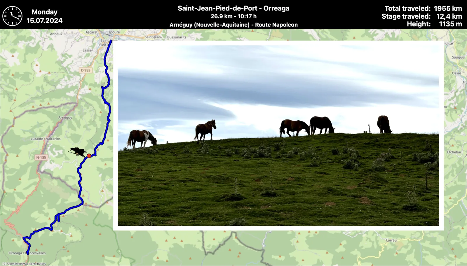 Horses on a green hillside displayed over the animated Time-Lapse map