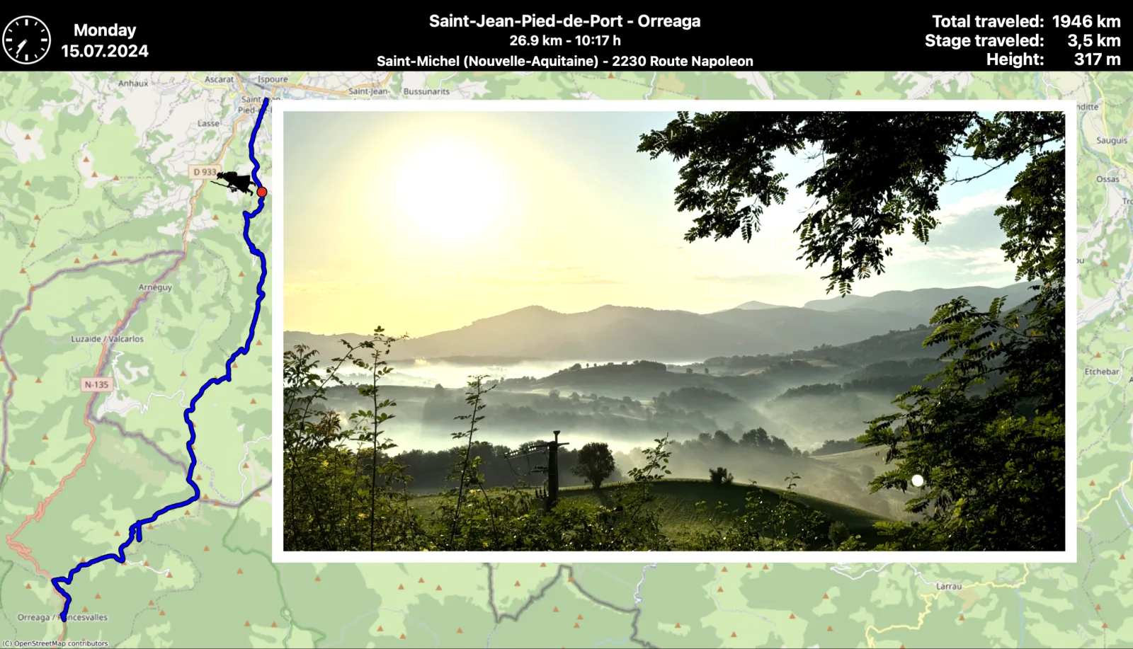 A mountain landscape displayed over its position on the animated Time-Lapse map